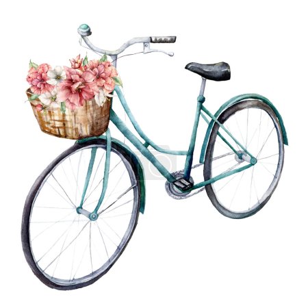 Aquarellkarte von blauem Fahrrad mit Korb und Blumen. Handgemalte Sommerillustration isoliert auf weißem Hintergrund. Für Design, Drucke oder Hintergrund