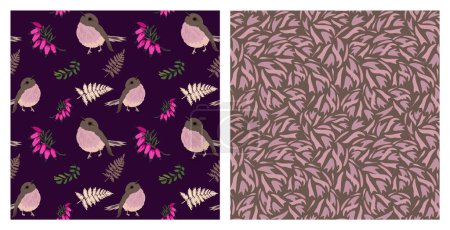Illustration for Set of abstract art seamless patterns with birds, exotic flowers and leaves on the dark violet background. Modern  design for paper, cover, fabric, interior decor and other users. - Royalty Free Image