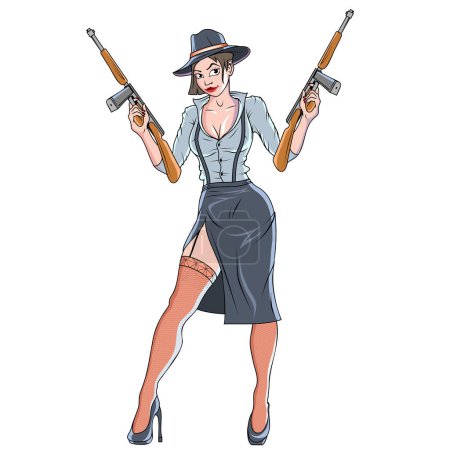 Illustration for Female Gangster. Vector Illustration of a Women with a Weapon. Pretty  Gangster Girl - Royalty Free Image