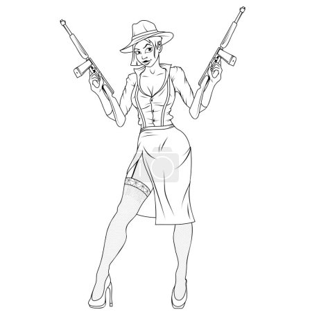 Illustration for Female gangster. Vector illustration of a sketch of a woman with a gun. Beautiful gangster girl - Royalty Free Image