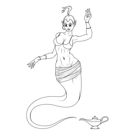 Téléchargez les illustrations : Genie girl. Illustration vectorielle d'une femme esquisse avec lampe. Superhéroïne volante - en licence libre de droit