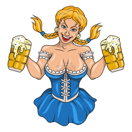 Illustration for Girl with beer. Vector illustration of a young sexy Oktoberfest waitress. German woman wearing a traditional Bavarian dress - Royalty Free Image