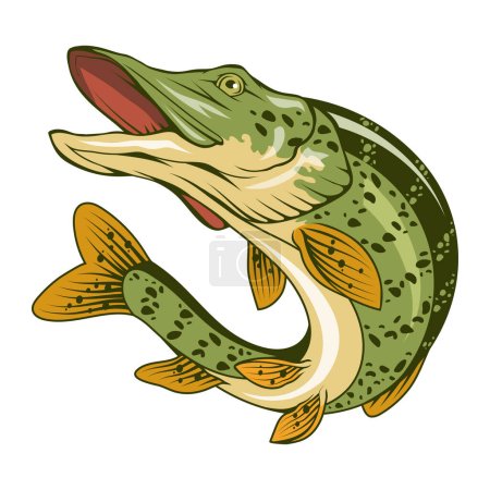 ¡Pike! Ilustración vectorial de un pez saltando. Logo de pesca. Peces enojados