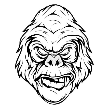 Téléchargez les illustrations : Gorille. Illustration vectorielle des primates. Croquis d'une tête de gorille en colère - en licence libre de droit