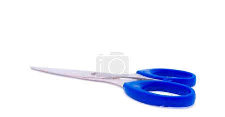 Photo for Scissors with blue handle, isolated on white background with copy space. Side view. - Royalty Free Image