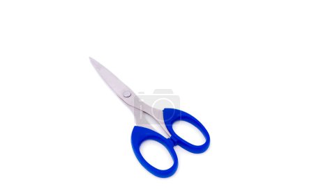 Photo for Scissors with blue handle, isolated on white background with copy space. - Royalty Free Image