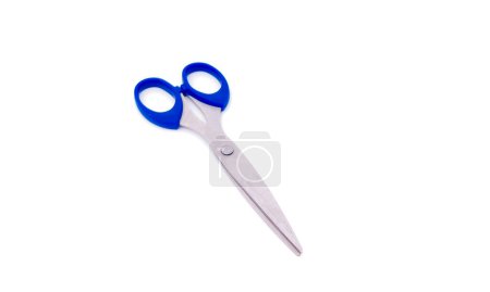 Photo for Scissors with blue handle, isolated on white background with copy space. - Royalty Free Image