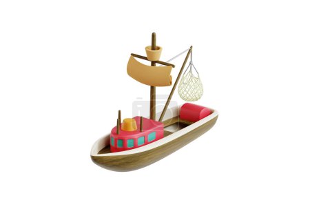 Téléchargez les photos : Illustration 3D d'un bateau de pêche sur l'océan - en image libre de droit