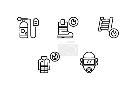 Foto de Conjunto de iconos de bombero, incluyendo estación de bomberos, alarma, placa, llama, hacha. Ilustración vectorial - Imagen libre de derechos
