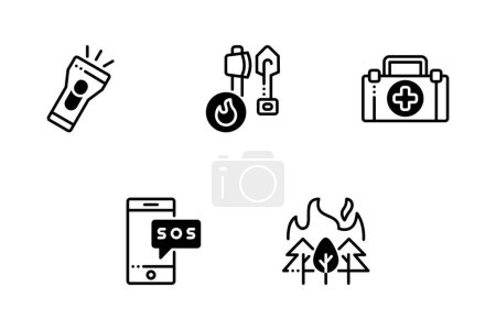 Foto de Conjunto de iconos de bombero, incluyendo estación de bomberos, alarma, placa, llama, hacha. Ilustración vectorial - Imagen libre de derechos