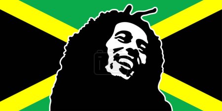 Bob Marley stencil portrait over flag of Jamaica