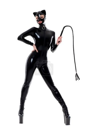 Photo for Beautiful Woman in Latex Catsuit with Mask, Collar, and Whip - Royalty Free Image