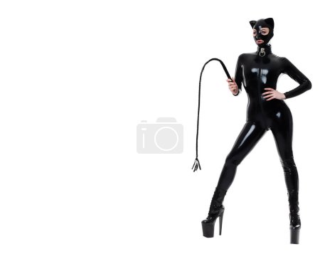 Foto de Hermosa mujer en traje de gato de látex con máscara y cuello - Imagen libre de derechos