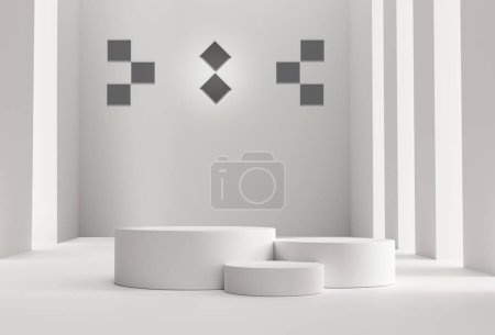 Photo for Product Display Podium - 3D Room with Realistic White Cylinder Pedestal Podium Set - Royalty Free Image
