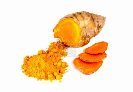 Photo for Dry Ginger and Powder on a White Surface, Turmeric Slice with Powder, Spice, Curcuma Longa - Royalty Free Image