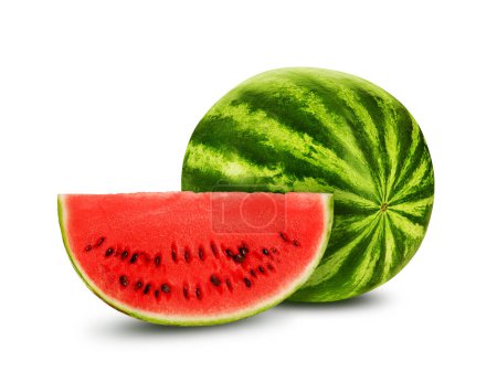 Photo for Fresh Watermelon with Slice on white background - Citrullus Lanatus - Royalty Free Image
