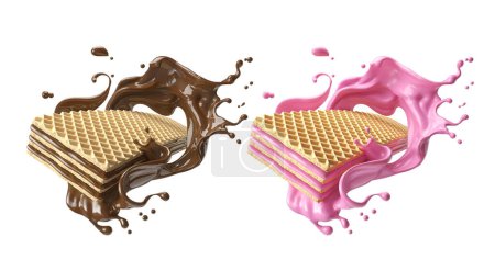 Photo for Chocolate and Strawberry Cream Flavored Wafers with splash, 3d illustration. #wafer #chocolate # splash - Royalty Free Image