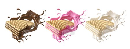 Photo for Crispy Flavored Wafers with Milk cream splash on white background, 3d illustration. #wafer #splash #chocolate - Royalty Free Image