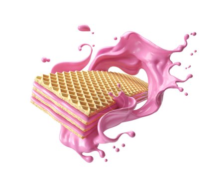 Photo for Crispy strawberry flavored wafer biscuit with milk cream splash, Key visual concept - Royalty Free Image