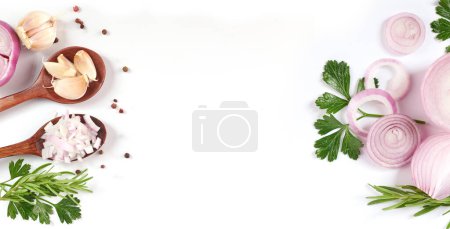 Photo for Whole sliced of red onion with coriander and garlic on a white background. Vegetables Top View. - Royalty Free Image