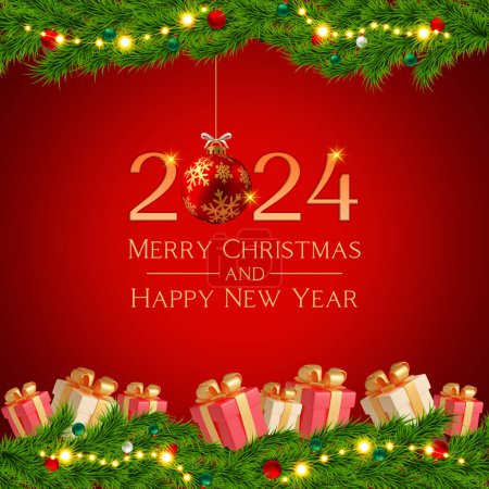 Photo for Merry Christmas & Happy New Year 2024 with fir branches, gift box and decoration ornaments elements on red background. Realistic 3D Design Template. #2024 #happynewyear - Royalty Free Image