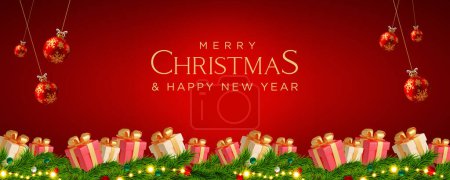 Photo for Merry Christmas & Happy New Year with fir branches and decoration ornaments elements on red background. Realistic 3D Design Template. #2024 #happynewyear #winterflake - Royalty Free Image