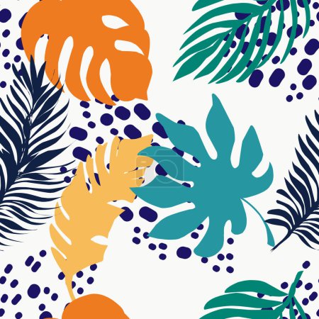 Ilustración de Brillante patrón sin costuras de color de moda, hojas tropicales y manchas. Diseño vectorial. Textiles impresos, papel. trópicos exóticos. Verano - Imagen libre de derechos