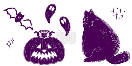 Illustration for Fat cat, scary pumpkin and ghosts. Halloween illustrations. Graphic texture elements. Vector set, collection. - Royalty Free Image