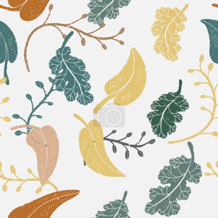 Photo for Stylized textured leaves in linocut style. Vector seamless, overlapping, repeating pattern. - Royalty Free Image