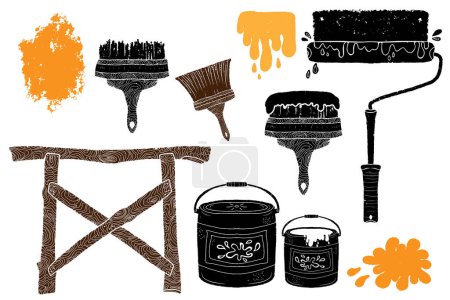 Items for repair, brushes, roller, paint, sawhorse. Graphics, linocut. Vector set of elements.
