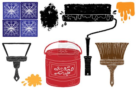 Photo for Repair goods, brushes, roller, paint, tiles. Graphics, linocut. Vector set of elements. - Royalty Free Image