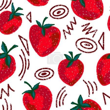Photo for Juicy strawberries with funny elements. Texture of pencil, pastel, gouache. Vector overlapping seamless pattern. - Royalty Free Image