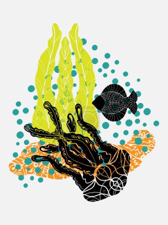 Ilustración de Medusas, algas, peces y manchas de color abstractas. Vida marina. Vector - Imagen libre de derechos