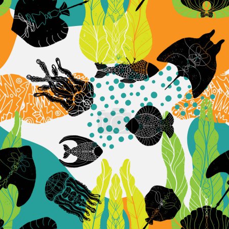 Ilustración de Stingray, algas, peces, medusas y manchas de color abstractas. Vida marina. Patrón sin costura vectorial. - Imagen libre de derechos