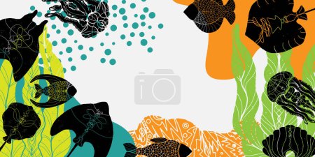 Ilustración de Stingray, algas, peces, medusas y manchas de color abstractas. Vida marina. Marco, fondo, postal. Vector - Imagen libre de derechos