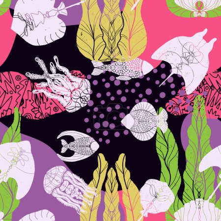 Ilustración de Stingray, algae, fish, jellyfish and abstract color spots. Sea life. Vector seamless pattern. - Imagen libre de derechos