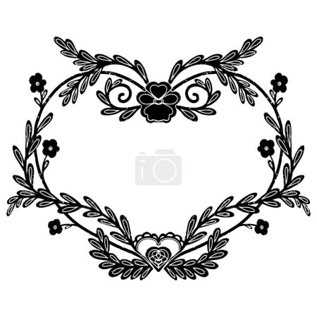Téléchargez les illustrations : Cadre floral en forme de cœur. Texture noire composition symétrique avec fleurs et feuilles. Dans le style de linogravure, impression, encre. Vecteur - en licence libre de droit