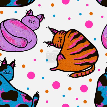 Téléchargez les illustrations : Texture kawaii chats, doodle. Cartoon style. Des éléments dessinés à la main. Modèle de chevauchement sans couture vectoriel. - en licence libre de droit