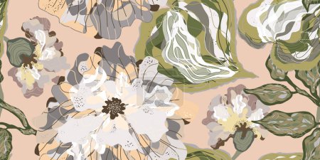 Mosaico estilizado flores en flor y hojas en el estilo japonés vector patrón sin costuras motivos de primavera ornamento. Ligero y aireado, femenino delicado patrón