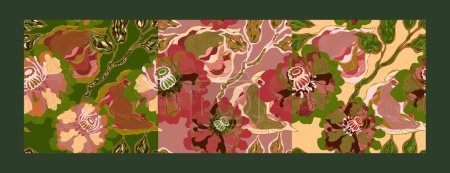 Ilustración de Mosaico estilizado flores en flor y hojas en el estilo japonés vector patrón sin costuras motivos de primavera ornamento. Conjunto de tres patrones - Imagen libre de derechos
