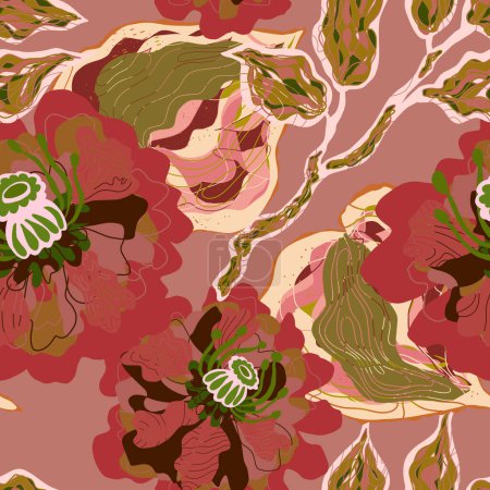 Ilustración de Mosaico estilizado flores en flor y hojas en el estilo japonés vector patrón sin costuras motivos de primavera ornamento. - Imagen libre de derechos