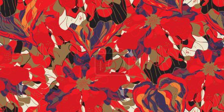 Ilustración de Mosaico estilizado flores en flor y hojas en el estilo japonés vector patrón sin costuras motivos de primavera ornamento. Estilo retro - Imagen libre de derechos
