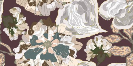 Ilustración de Mosaico estilizado flores en flor y hojas en el estilo japonés vector patrón sin costuras motivos de primavera ornamento. Estilo retro. - Imagen libre de derechos