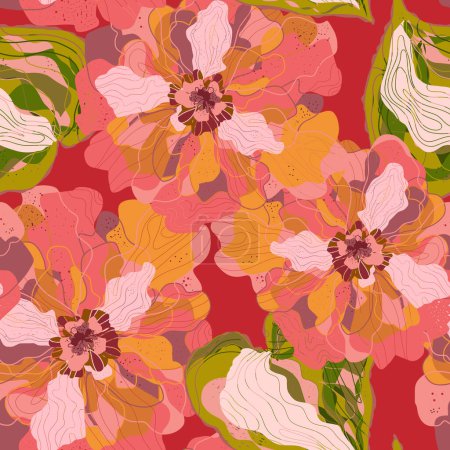 Ilustración de Mosaico estilizado flores en flor y hojas en el estilo japonés vector patrón sin costuras motivos de primavera ornamento. Estilo retro. - Imagen libre de derechos