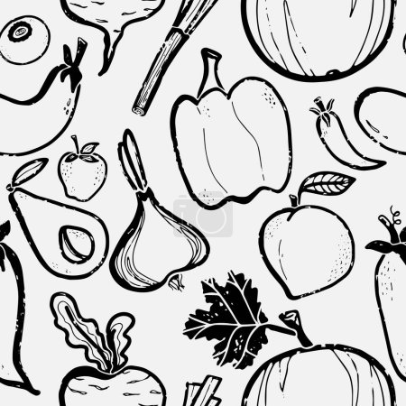 Téléchargez les illustrations : Texture gribouille légumes et fruits, noir et blanc. Cartoon style. Des éléments dessinés à la main. Modèle de chevauchement sans couture vectoriel. - en licence libre de droit