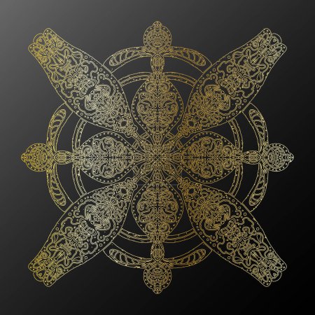 Illustration for Gold gradient contour snowflake in folk art style metallic texture lace ethnic motifs mandala. vector element - Royalty Free Image