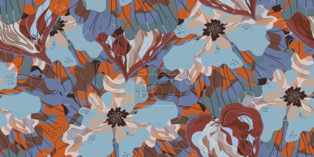 Mosaic stylized blooming flowers and leaves in Japanese style vector seamless pattern spring motifs ornament. Retro style.