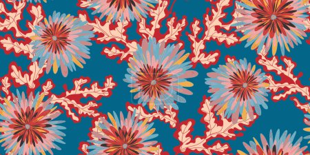 Chrynanthemums. Stylized fantasy flowers and leaves in Japanese style vector seamless pattern spring motifs ornament. Retro style.