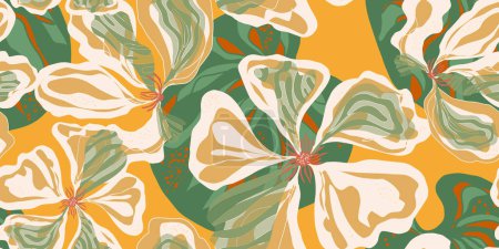 Nasturtium. Stylized fantasy flowers and leaves in Japanese style vector seamless pattern spring motifs ornament. Retro style.
