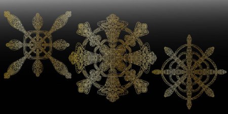 Illustration for Gold gradient contour snowflake in folk art style metallic texture lace ethnic motifs mandala. vector element. - Royalty Free Image